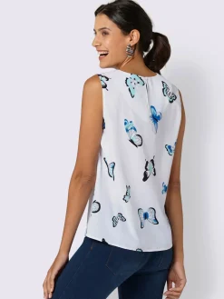 Blouse fluide sans manches imprimé col rond avec plis décoratifs