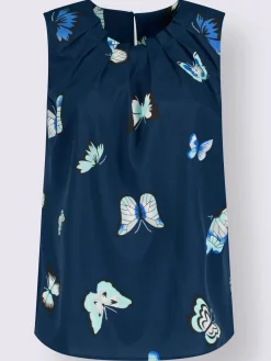 Blouse fluide sans manches imprimé col rond avec plis décoratifs