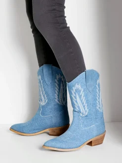 Bottines cowboy look denim tendance avec coutures décoratives mode