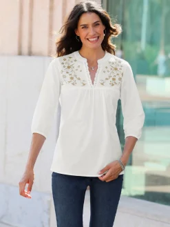 Chemisier en coton broderie contrastée