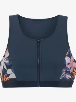 Haut de maillot de bain court coloris uni tendance avec empiècements imprimés sur les côtés