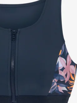 Haut de maillot de bain court coloris uni tendance avec empiècements imprimés sur les côtés