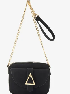 Mini-sac tendance avec détails chaînes couleur or sur la bandoulière et boucle triangulaire