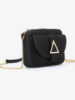 Mini-sac tendance avec détails chaînes couleur or sur la bandoulière et boucle triangulaire