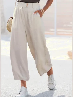 Pantalon avec plis de ceinture pantalon tissé avec deux boutons aux bords-côtes