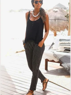 Pantalon de plage pantalon en tissu avec rayures en noir et blanc