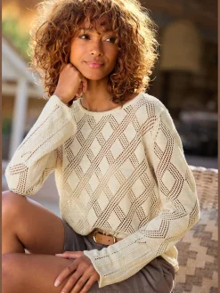 Pull ajouré superbe motif tricoté ajouré avec fibres brillantes