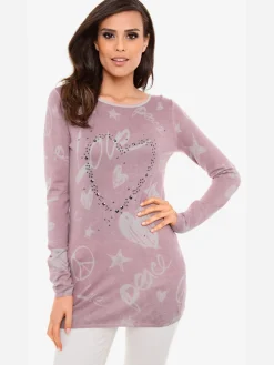 Pull en tricot fin superbe imprimé graphique avec cœur en rivets