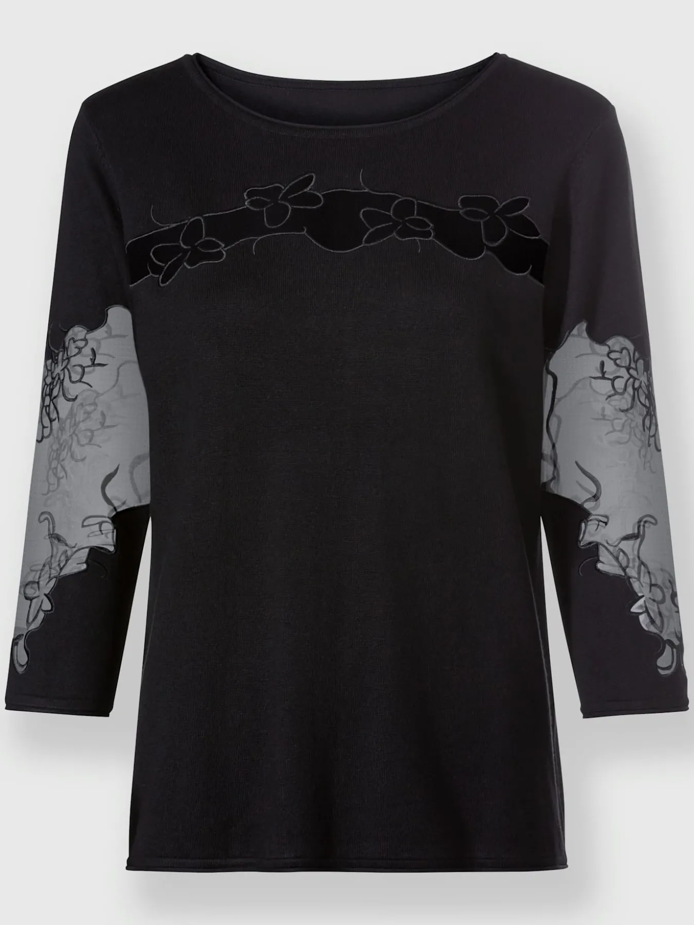 Pull encolure ronde empiècements brodés transparents