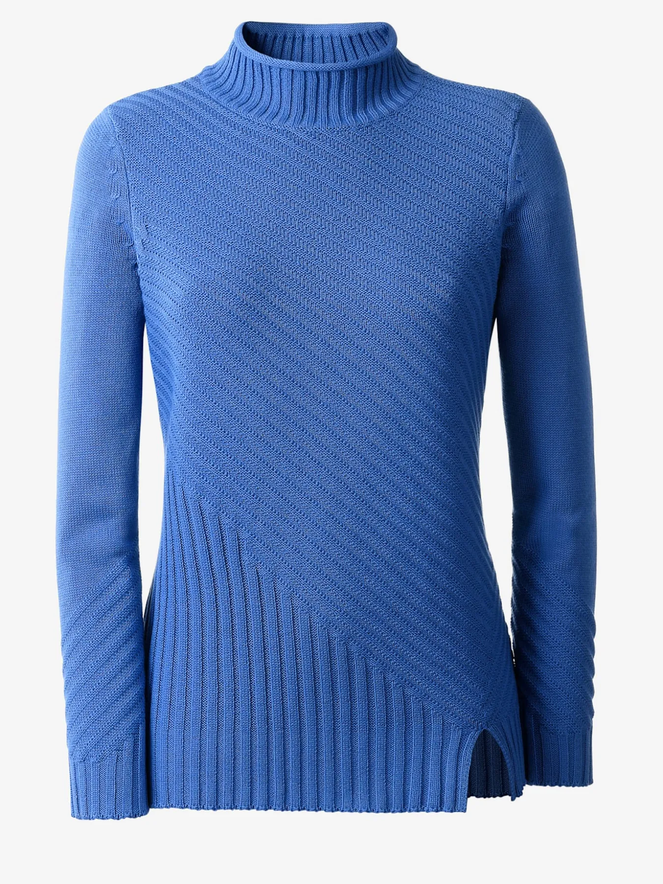 Pull femme col montant côtelé petite fente devant
