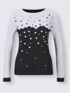 Pull motif jacquard couleur contrastée manches fendues col rond