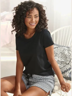 Pyjama court avec t-shirt uni et short imprimé