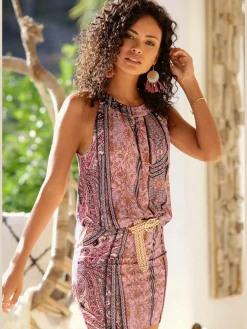 Robe imprimée encolure américaine à bordure