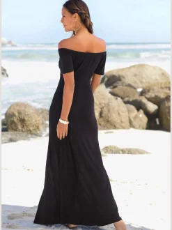 Robe longue robe carmen à manches courtes, jambes fendues