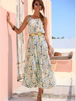 Robe mi-longue robe d'été à encolure ronde