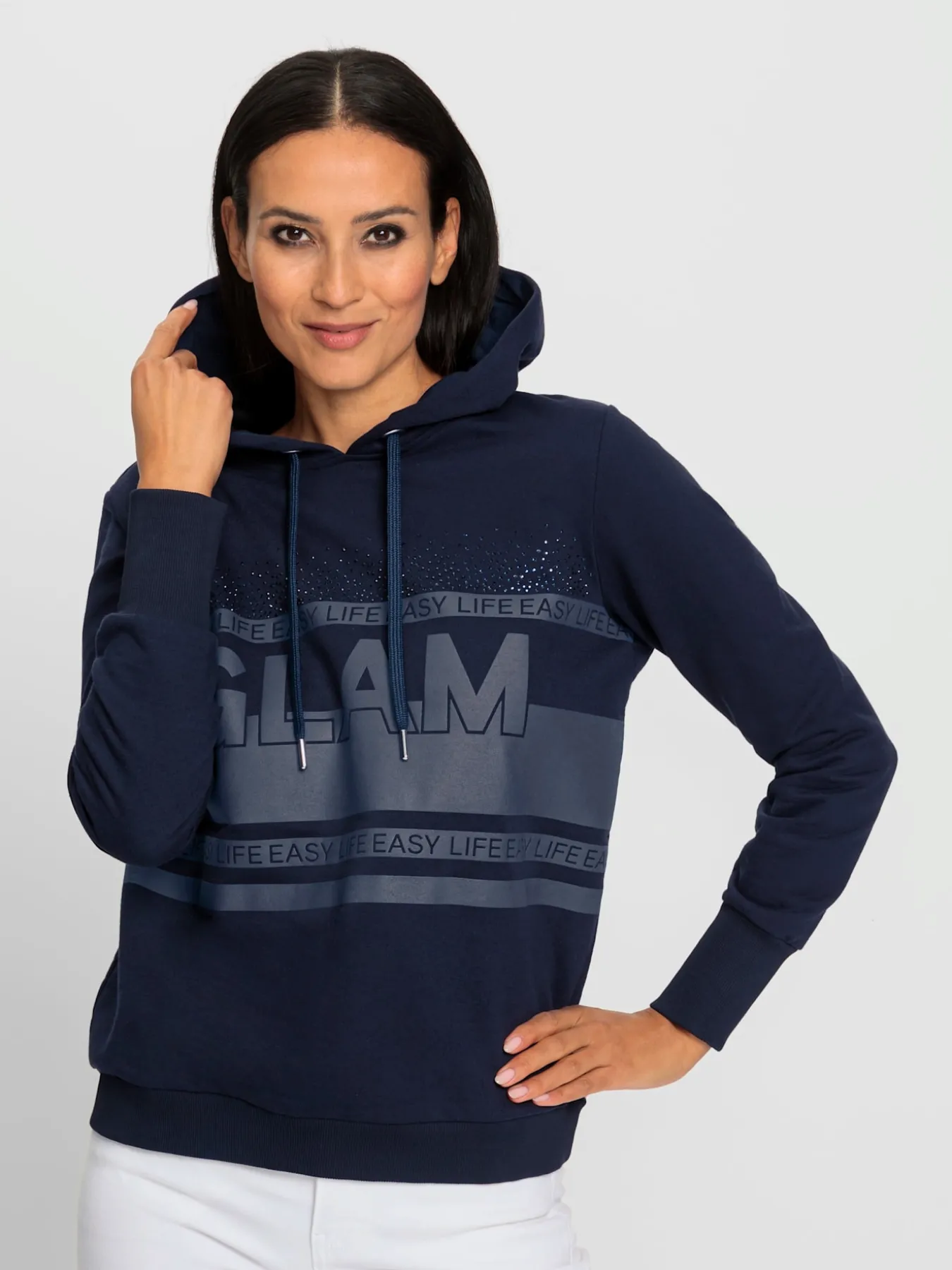 Sweatshirt à capuche motif imprimé avec pierres brillantes fantaisie