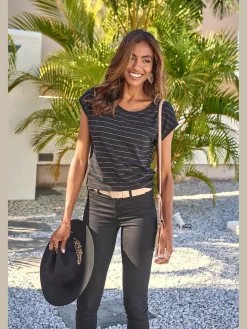 T-shirt à col rond bandes en lurex couleur cuivre