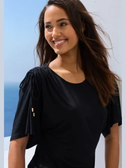 T-shirt à col rond fronce avec liens à nouer aux épaules pour régler la longueur des manches : manches courtes ou mi-longues