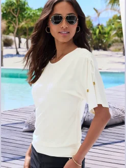 T-shirt à col rond fronce avec liens à nouer aux épaules pour régler la longueur des manches : manches courtes ou mi-longues