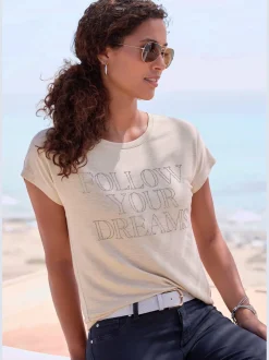 T-shirt à col rond inscription de qualité en strass « follow your dreams »