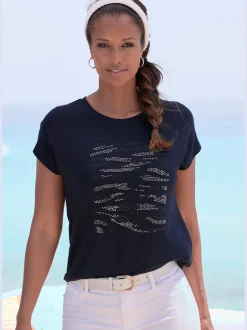 T-shirt à col rond motif en strass de qualité