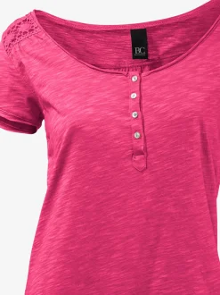 T-shirt à encolure ronde superbes détails en dentelle et boutons brillants
