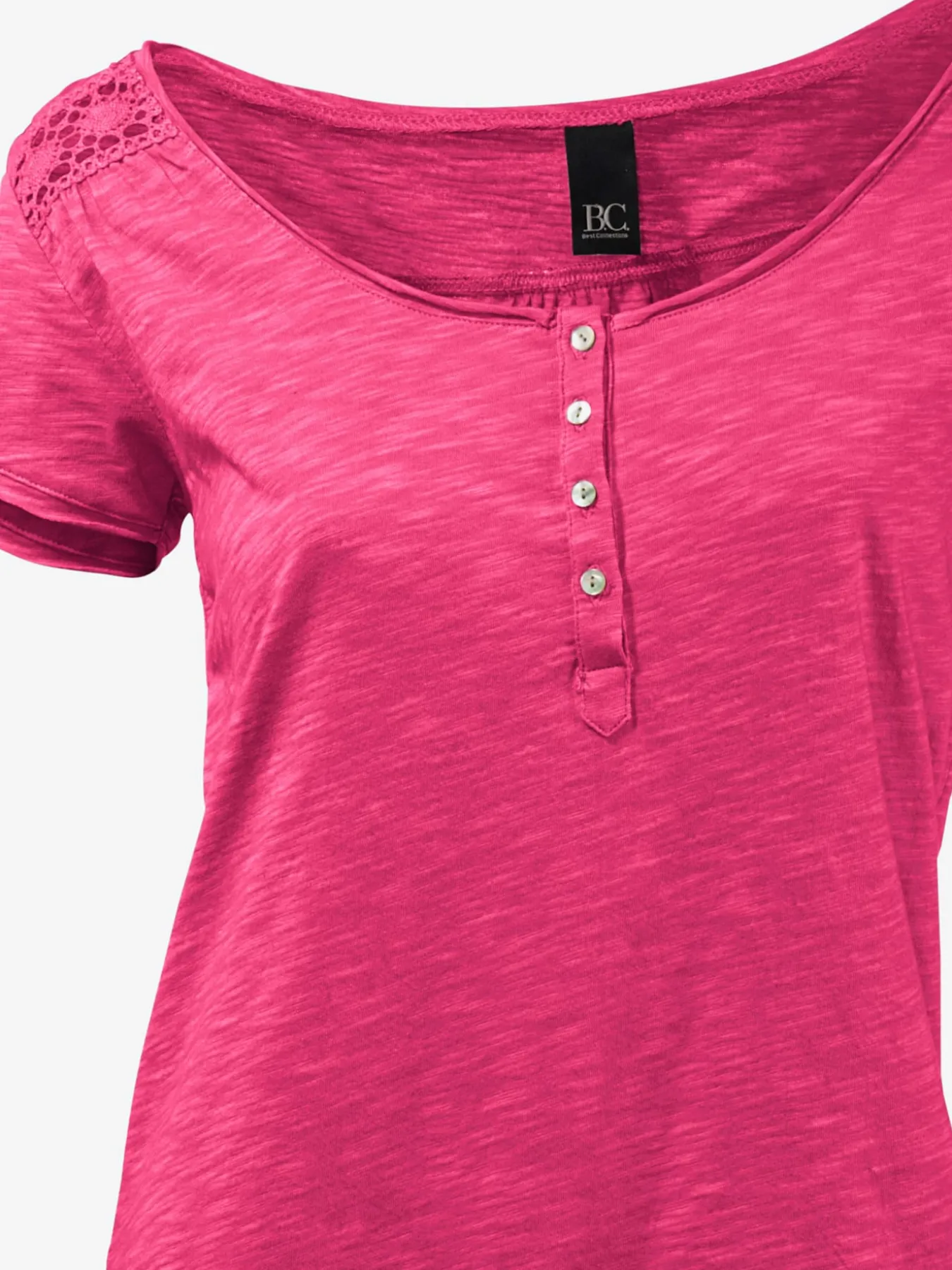T-shirt à encolure ronde superbes détails en dentelle et boutons brillants