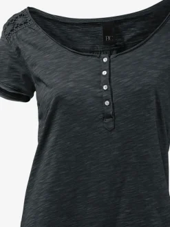 T-shirt à encolure ronde superbes détails en dentelle et boutons brillants