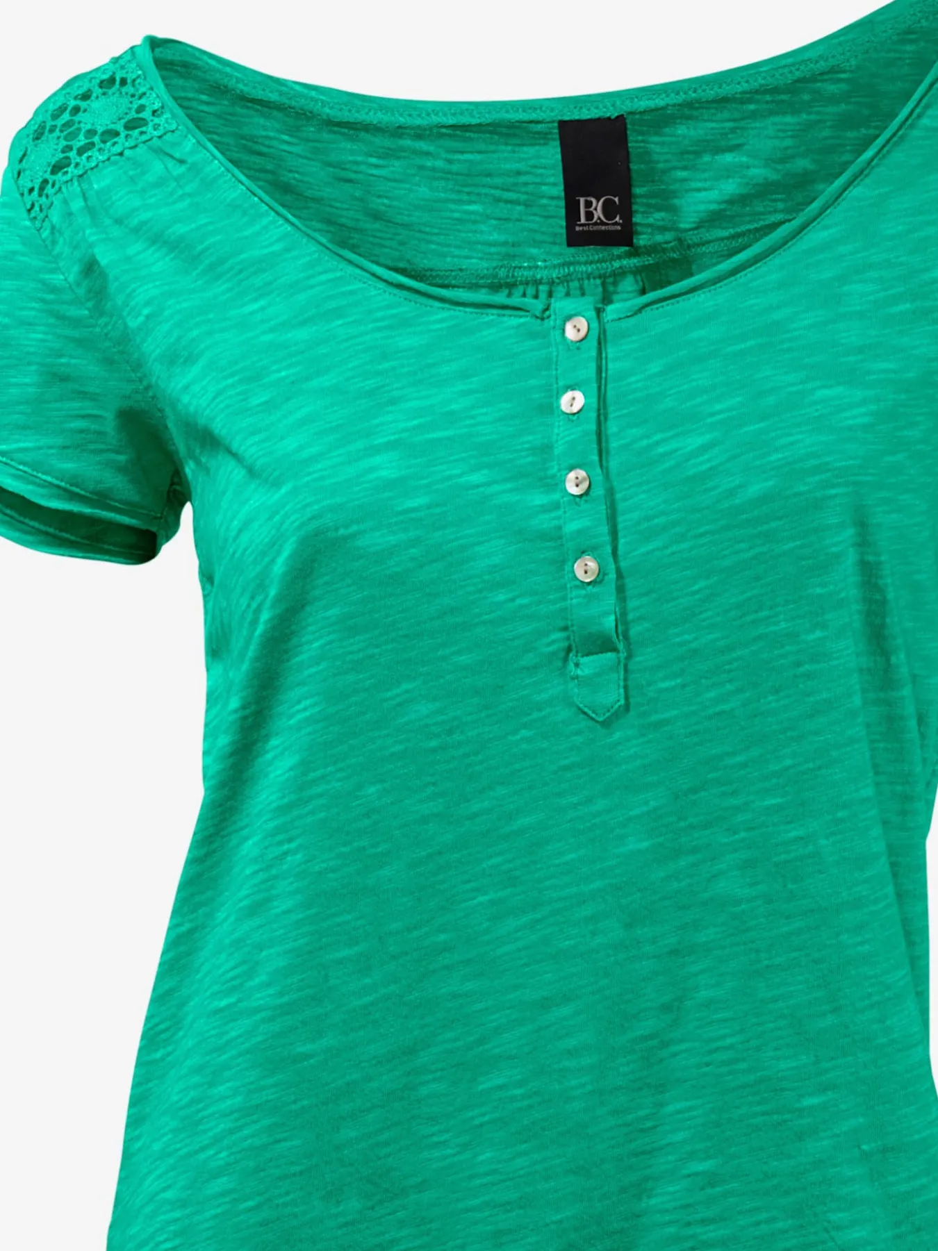 T-shirt à encolure ronde superbes détails en dentelle et boutons brillants