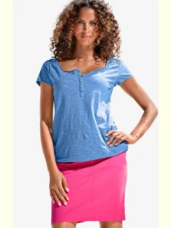 T-shirt à encolure ronde superbes détails en dentelle et boutons brillants