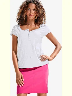 T-shirt à encolure ronde superbes détails en dentelle et boutons brillants