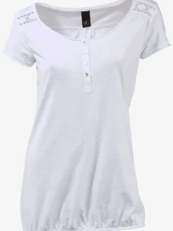 T-shirt à encolure ronde superbes détails en dentelle et boutons brillants