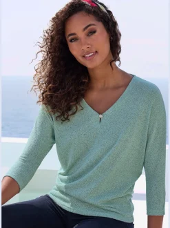 T-shirt à manches 3/4 bouton brillant à strass au niveau de l'encolure