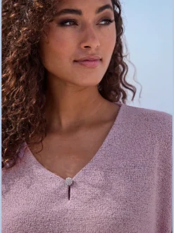 T-shirt à manches 3/4 bouton brillant à strass au niveau de l'encolure