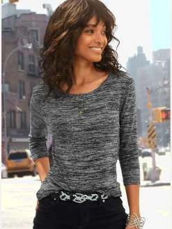 T-shirt à manches 3/4 patte de boutonnage courte avec boutons dorés