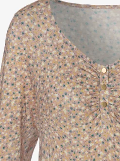T-shirt à manches 3/4 patte de boutonnage courte avec boutons dorés et fronces délicates