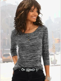 T-shirt à manches 3/4 patte de boutonnage courte avec boutons dorés