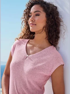 T-shirt à manches courtes bouton brillant à strass au niveau de l'encolure