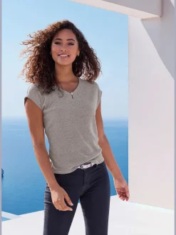 T-shirt à manches courtes bouton brillant à strass au niveau de l'encolure