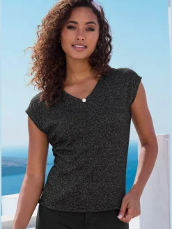 T-shirt à manches courtes bouton brillant à strass au niveau de l'encolure