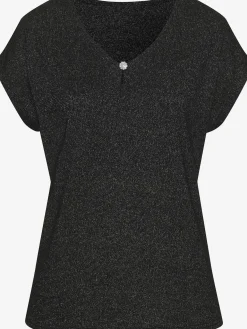 T-shirt à manches courtes bouton brillant à strass au niveau de l'encolure
