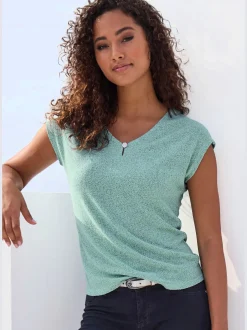 T-shirt à manches courtes bouton brillant à strass au niveau de l'encolure