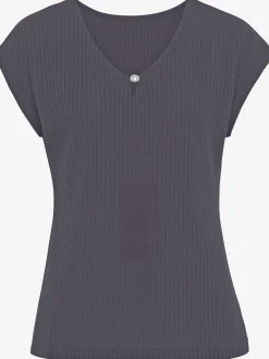 T-shirt à manches courtes encolure en v avec petite fente et perle décorative