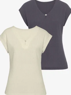 T-shirt à manches courtes encolure en v avec petite fente et perle décorative