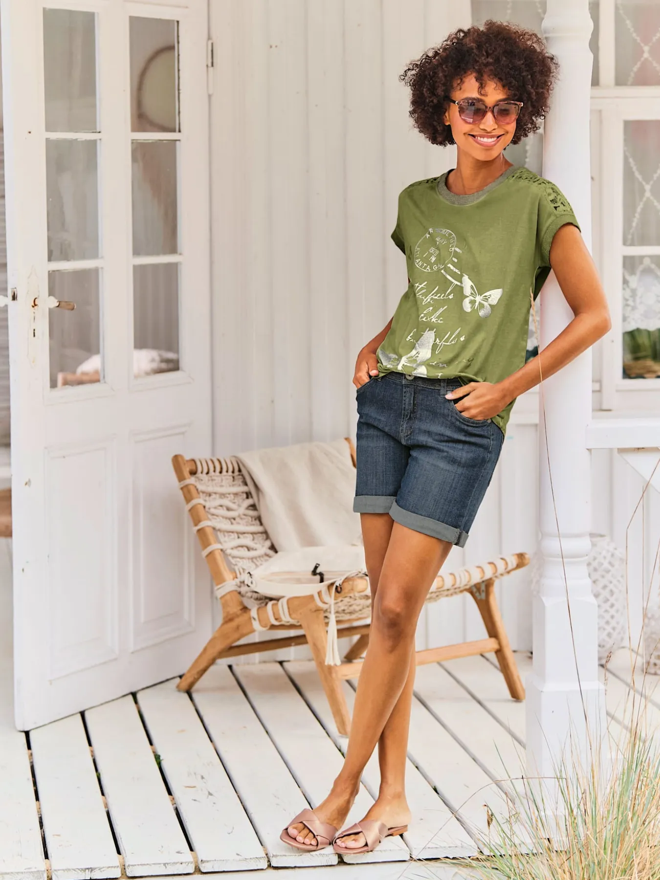 T-shirt à manches courtes imprimé feuille brillant