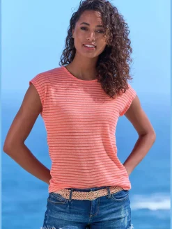 T-shirt à manches courtes tricot jacquard léger à rayures