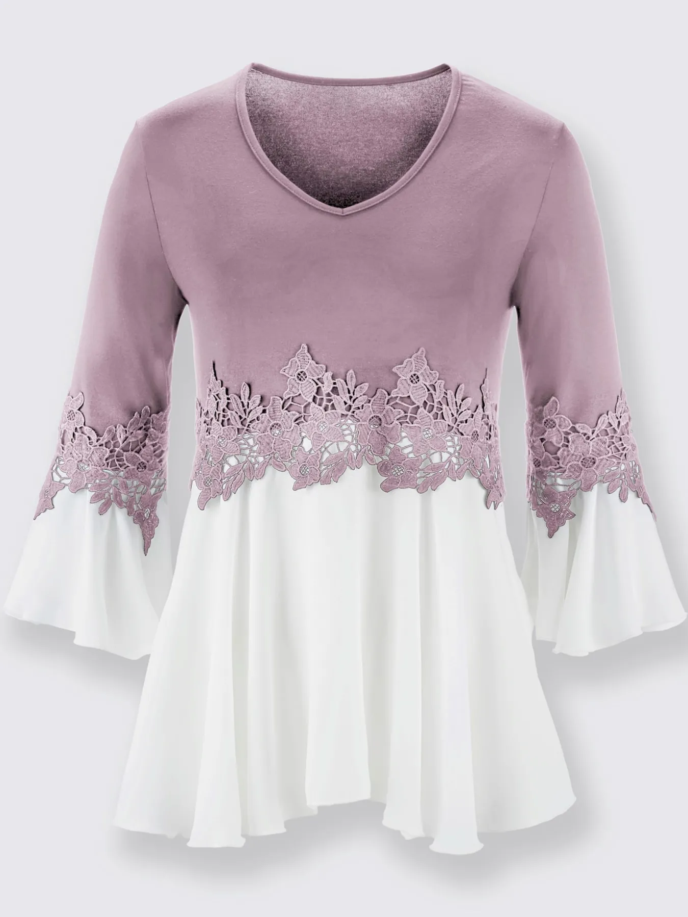 T-shirt bicolore souple ornée dentelle fleurie