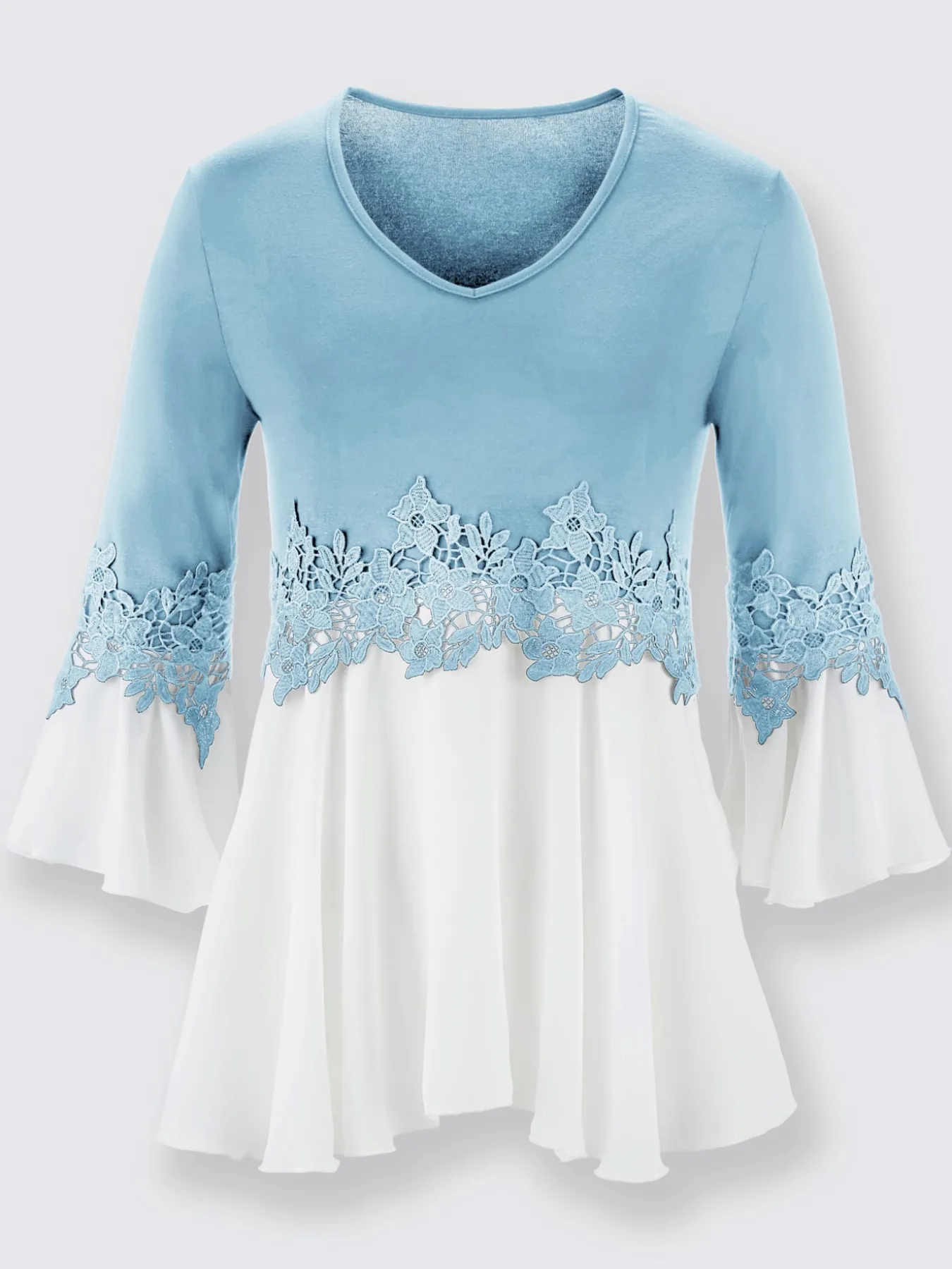 T-shirt bicolore souple ornée dentelle fleurie
