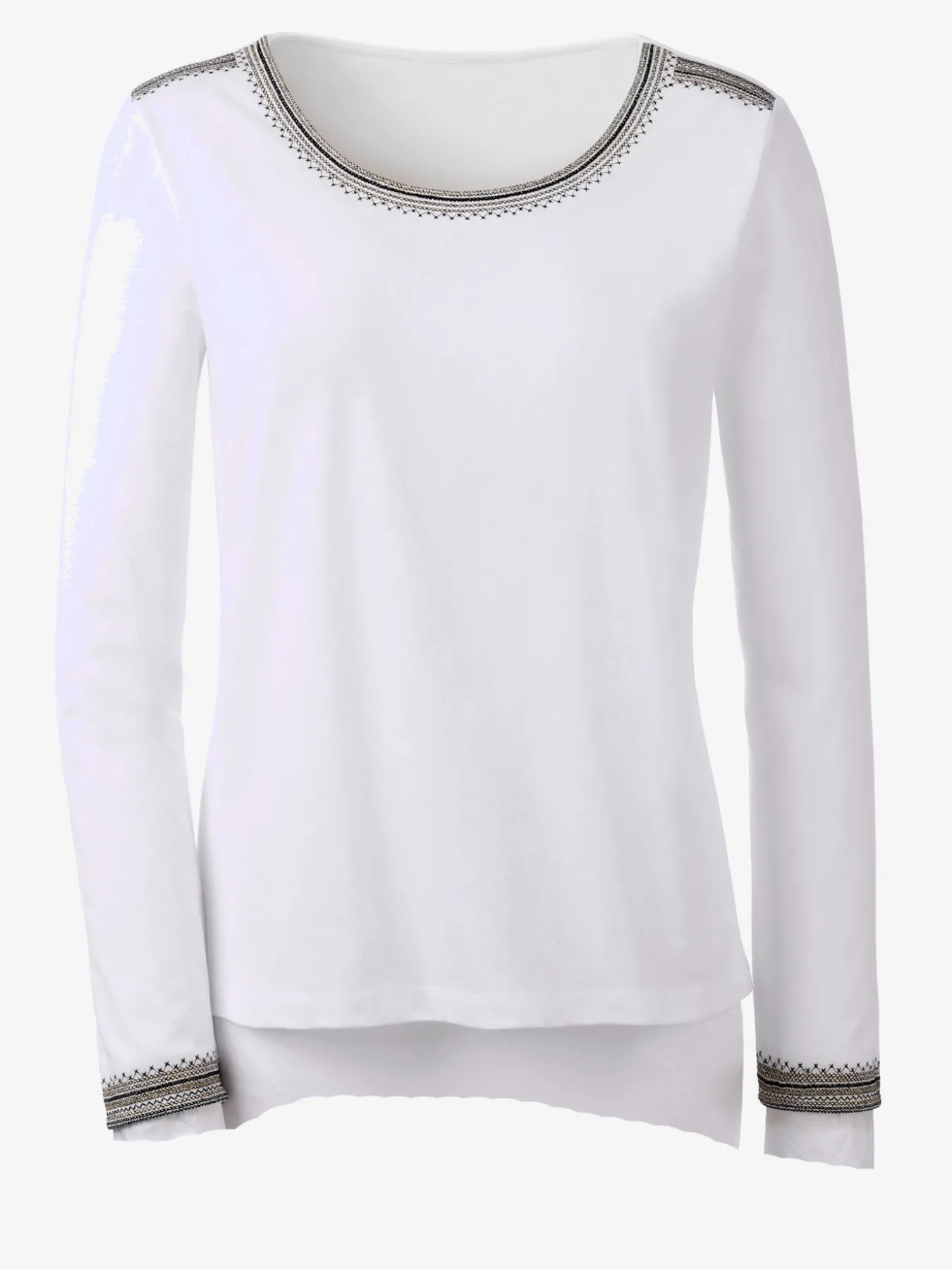 T-shirt brodé mélange coton-modal col rond manches longues