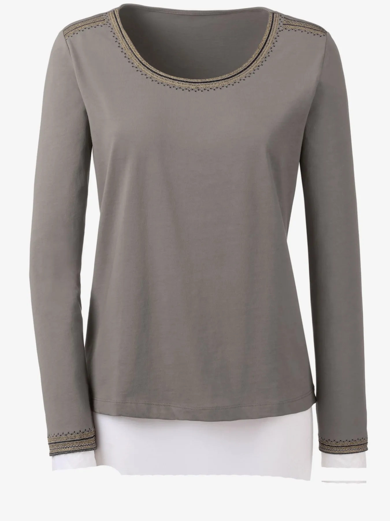 T-shirt brodé mélange coton-modal col rond manches longues